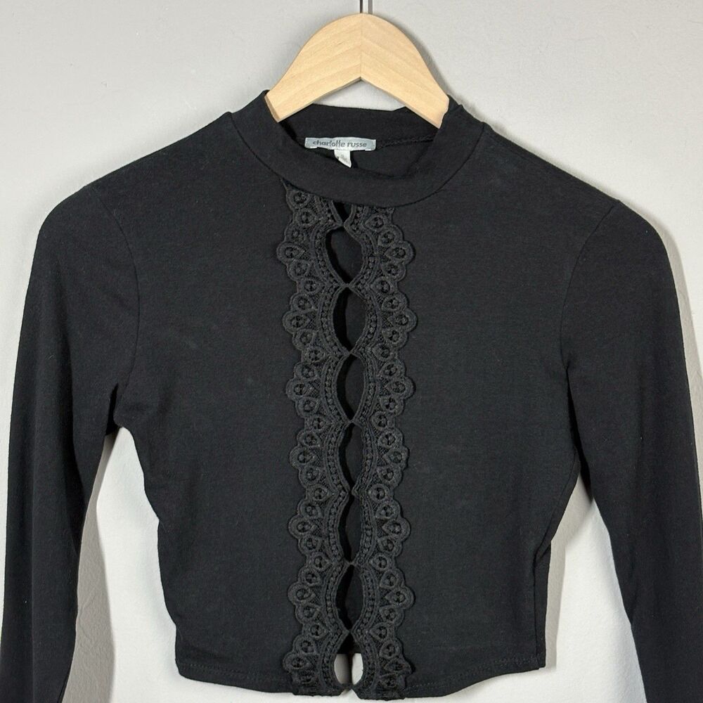 Vtg Y2K Charlotte Russe Crop Top Womens S Black Crochet Lace Whimsigoth Romantic